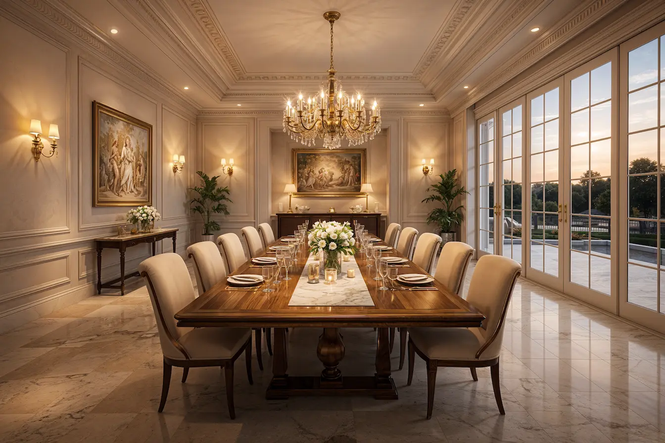 Classic home interior with a formal dining area, marble flooring, panelled walls and a statement chandelier in a neoclassical villa by Innov Architects & Interiors